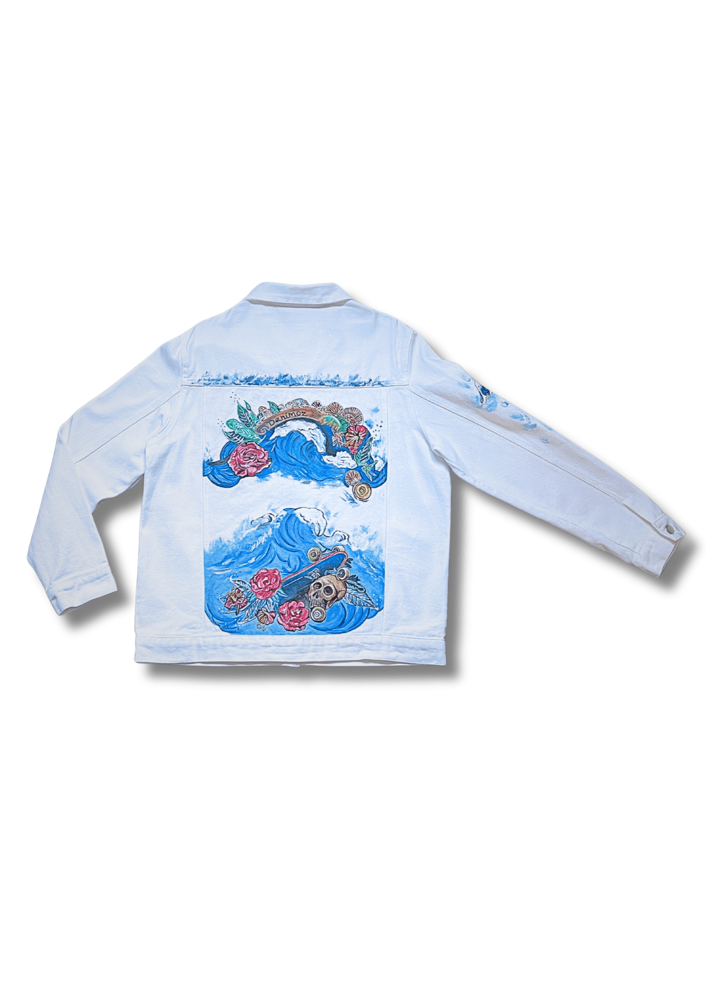 Broken Waves: Hand - Painted Denim Jacket with Skateboard Art - Denimoz