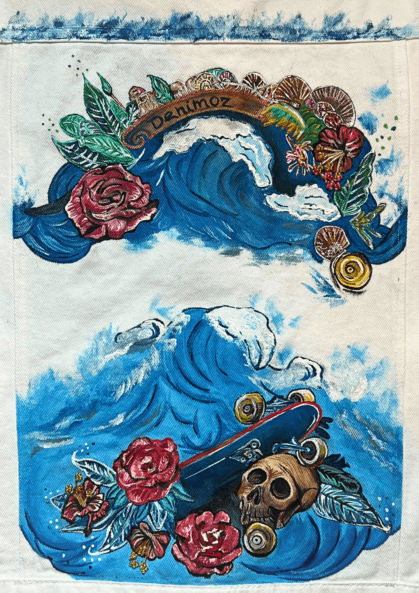 Broken Waves: Hand - Painted Denim Jacket with Skateboard Art - Denimoz