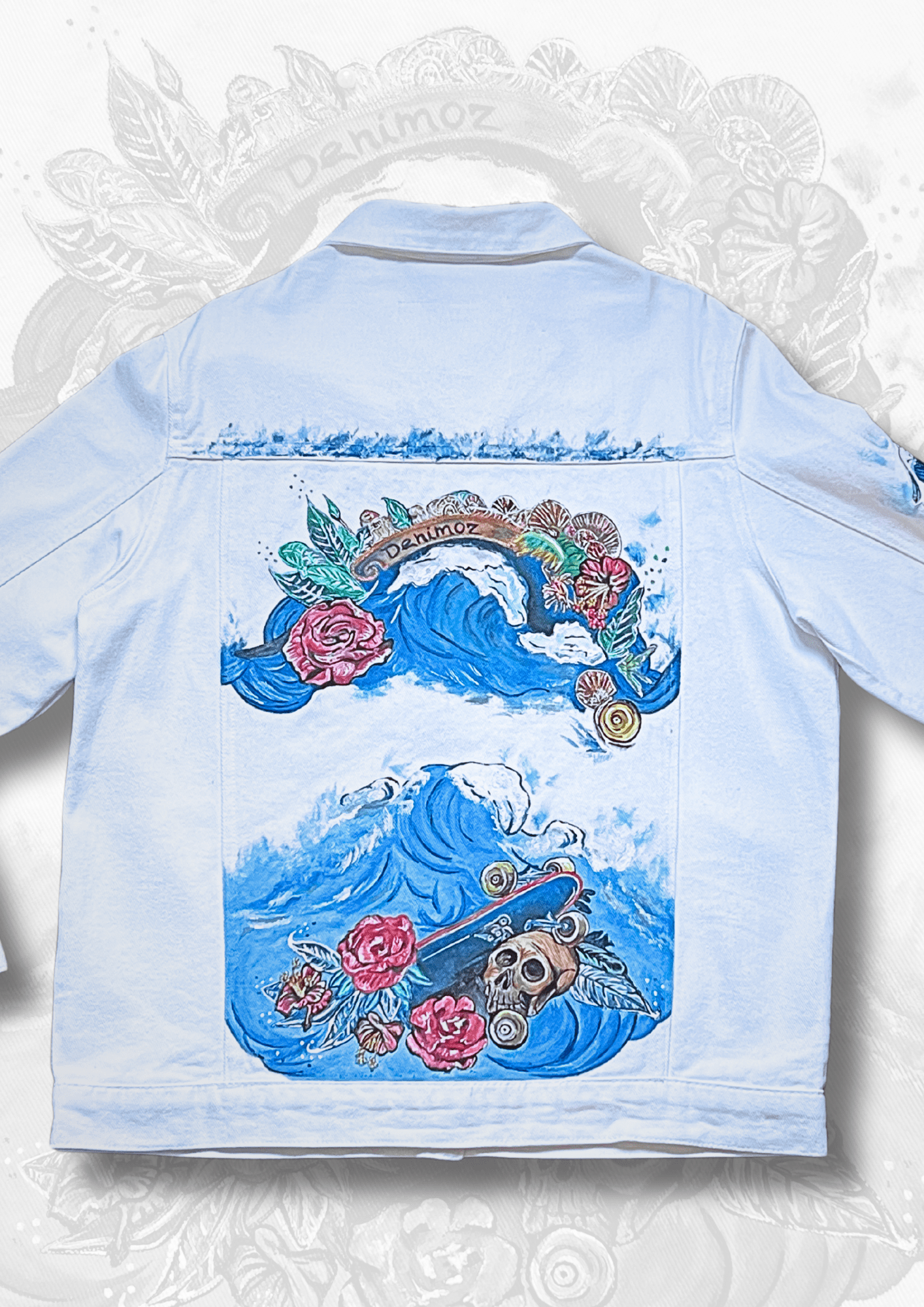 Broken Waves: Hand - Painted Denim Jacket with Skateboard Art - Denimoz