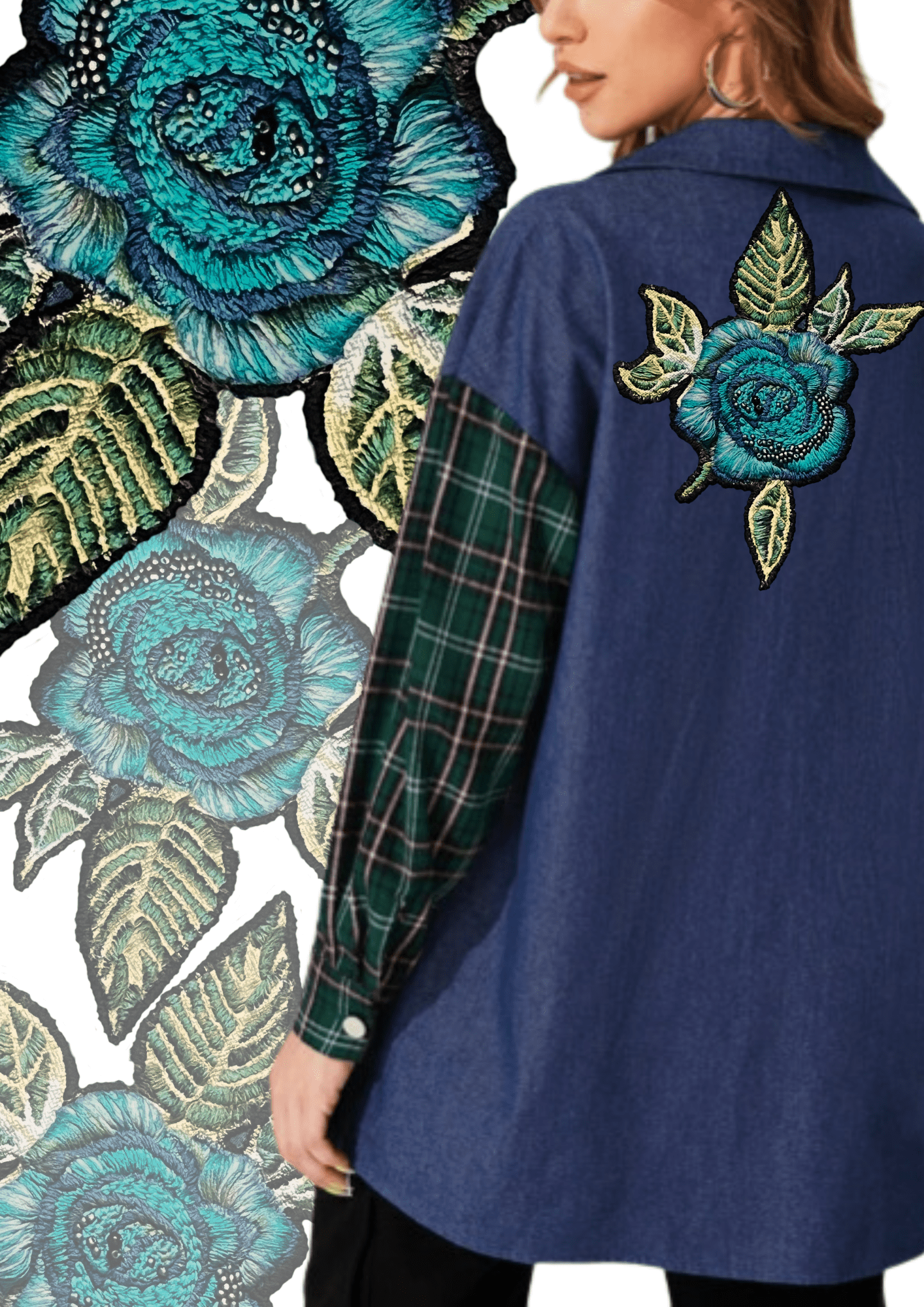 Exclusive Women’s Denim Blouse with Tartan Sleeves & Handcrafted Embroidery - Denimoz