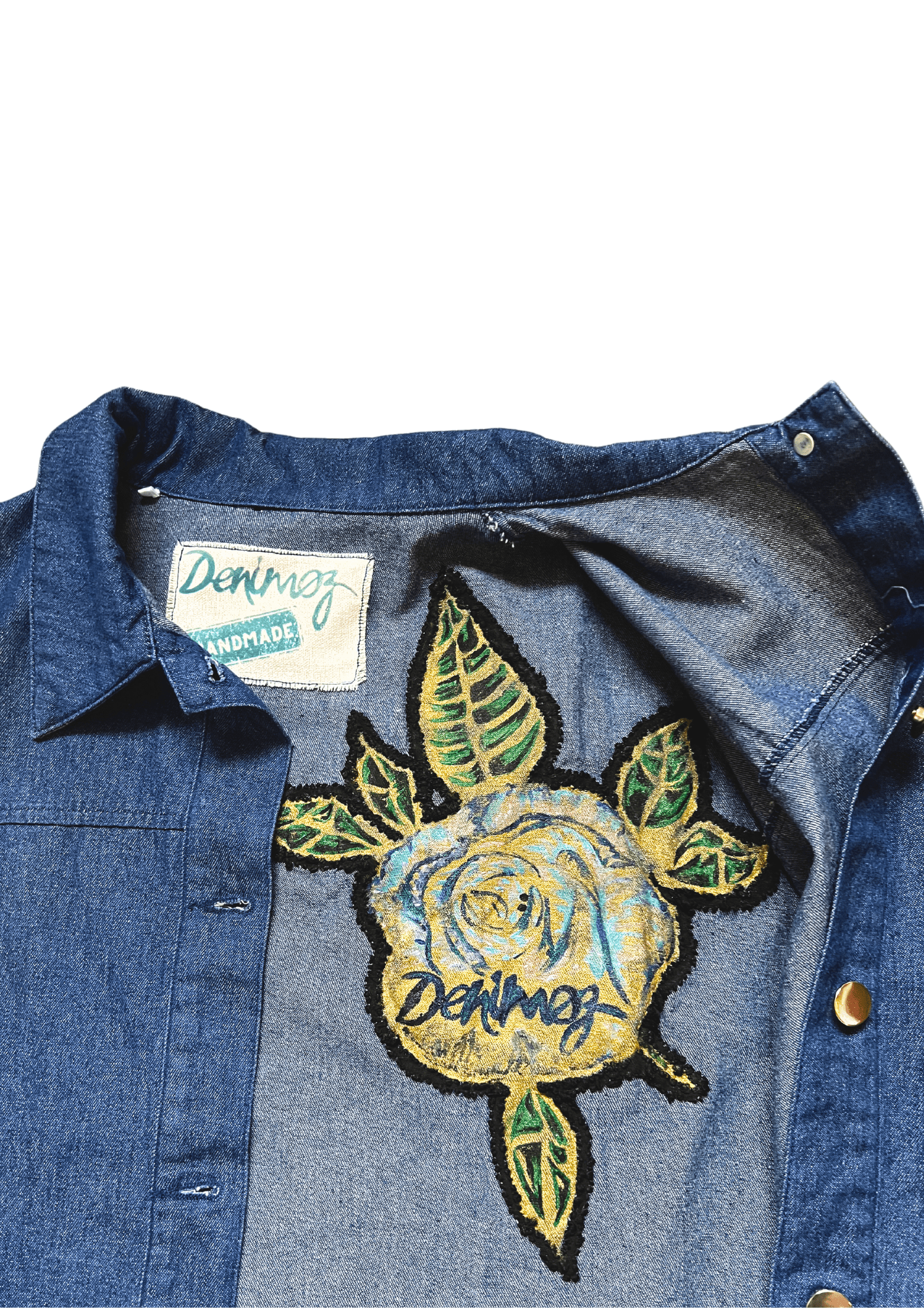 Exclusive Women’s Denim Blouse with Tartan Sleeves & Handcrafted Embroidery - Denimoz