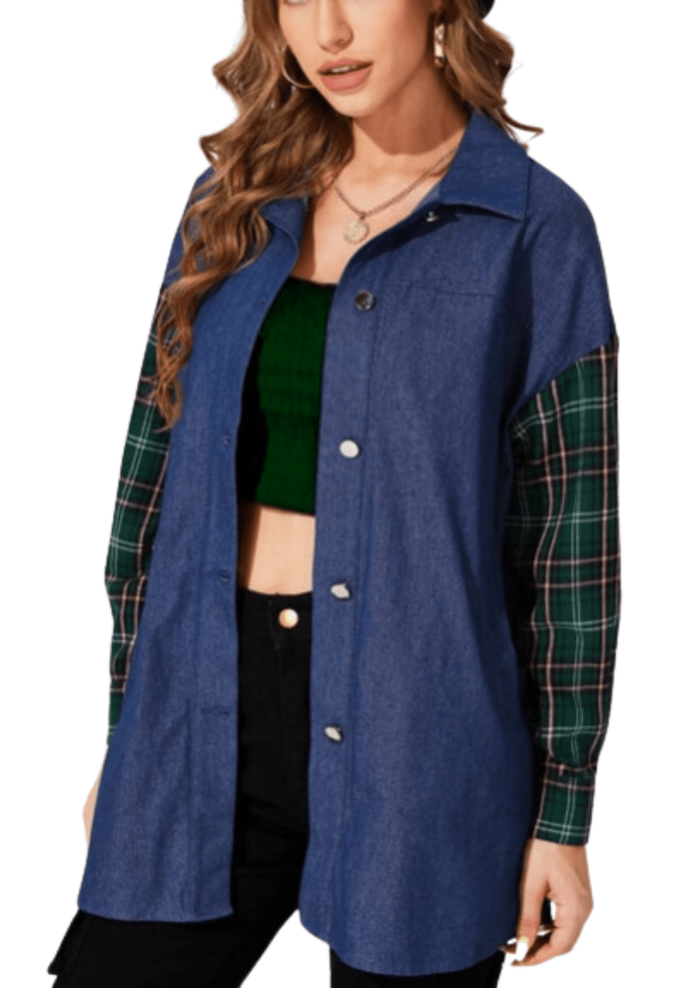 Exclusive Women’s Denim Blouse with Tartan Sleeves & Handcrafted Embroidery - Denimoz