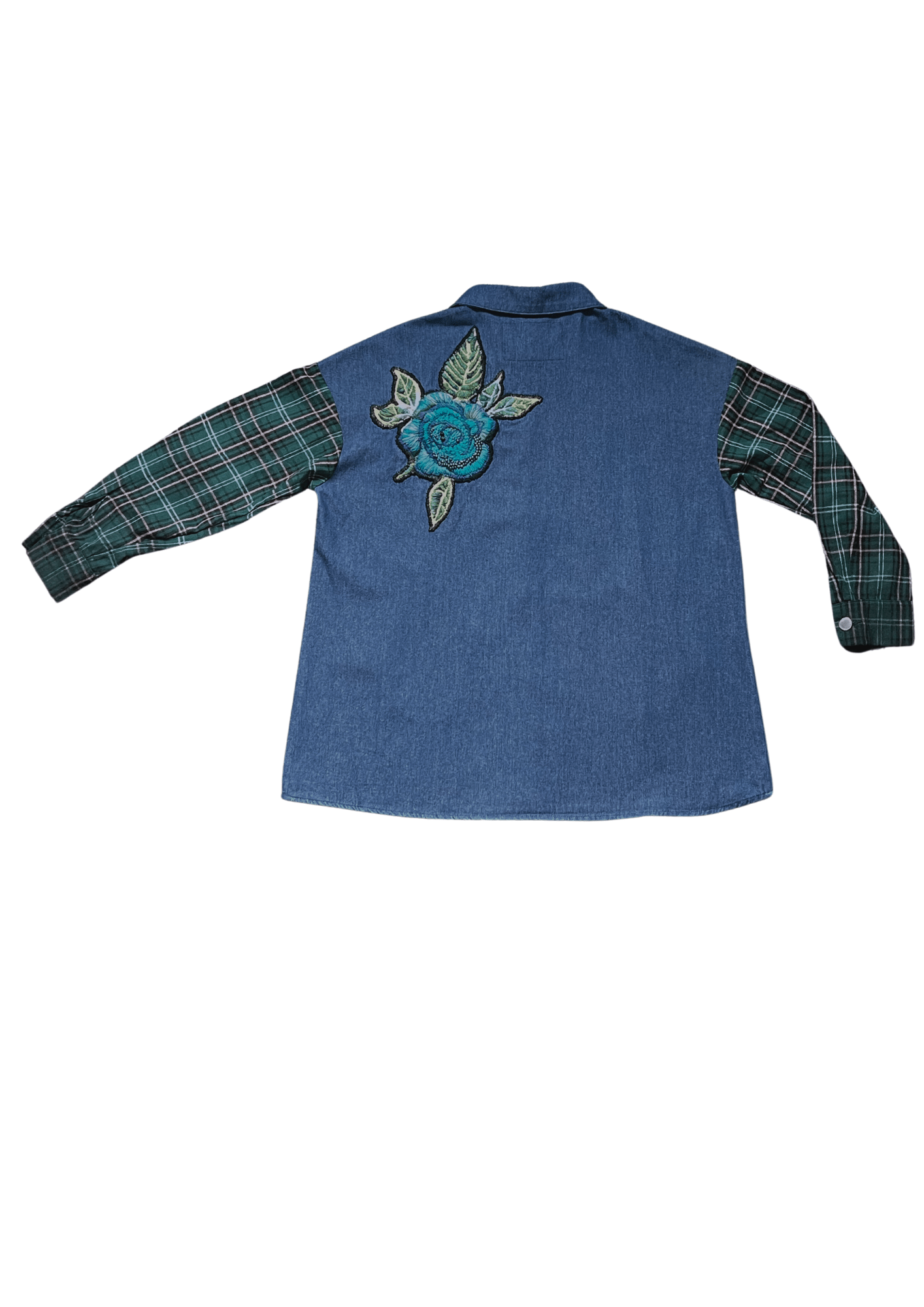 Exclusive Women’s Denim Blouse with Tartan Sleeves & Handcrafted Embroidery - Denimoz