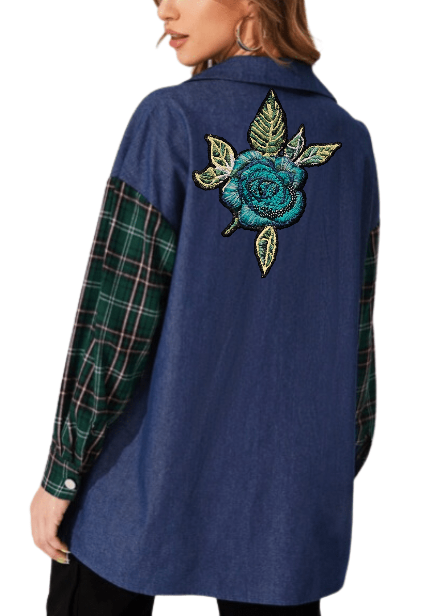 Exclusive Women’s Denim Blouse with Tartan Sleeves & Handcrafted Embroidery - Denimoz