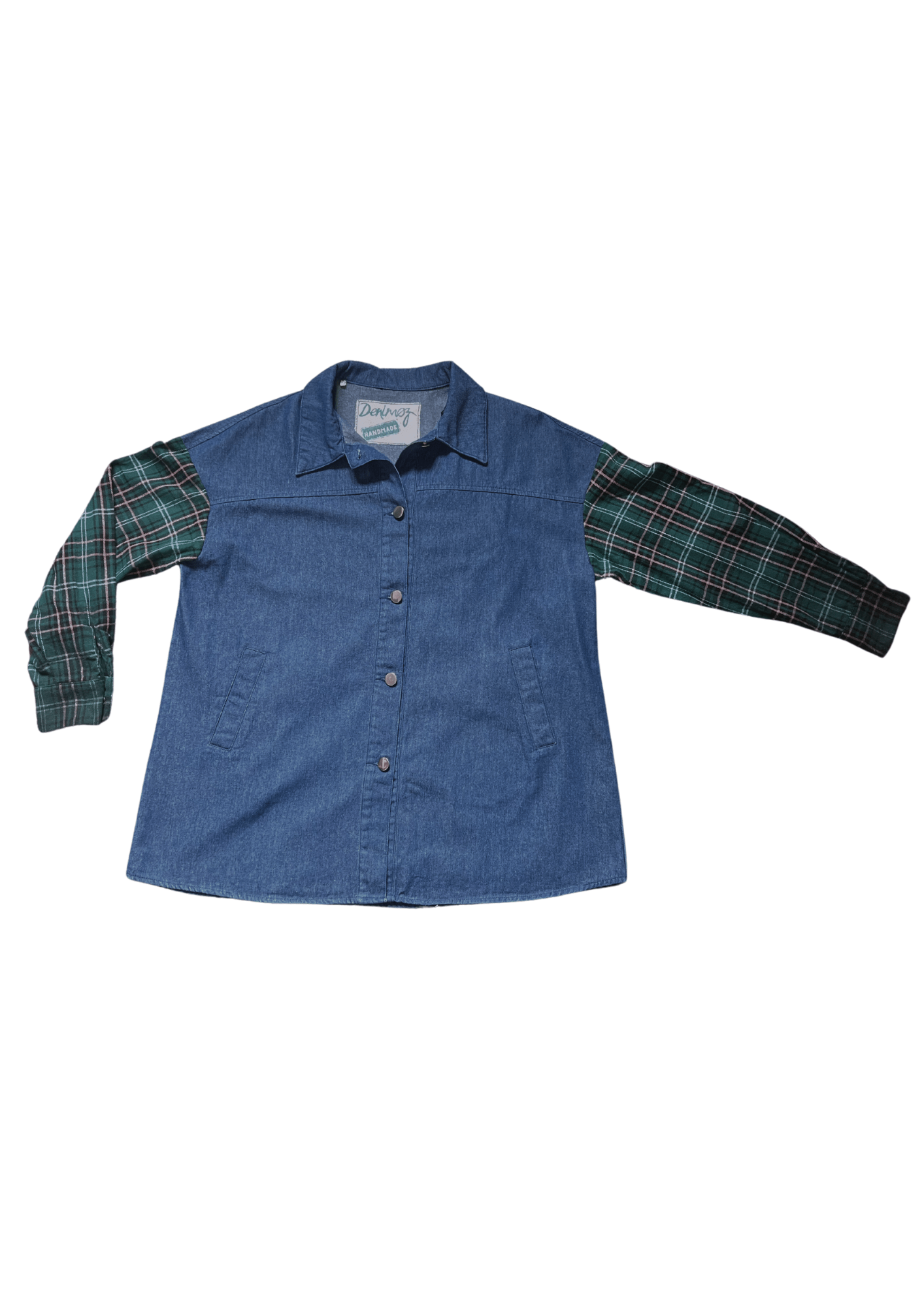 Exclusive Women’s Denim Blouse with Tartan Sleeves & Handcrafted Embroidery - Denimoz