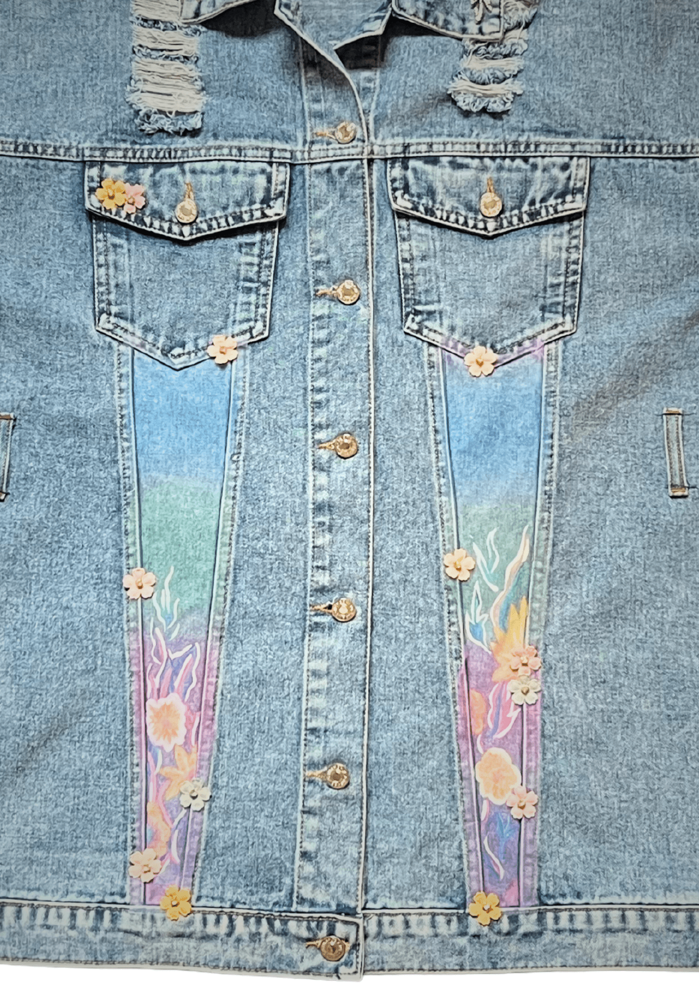 Women’s Denim Jacket with Floral Embroidery and Sheer Details - Denimoz