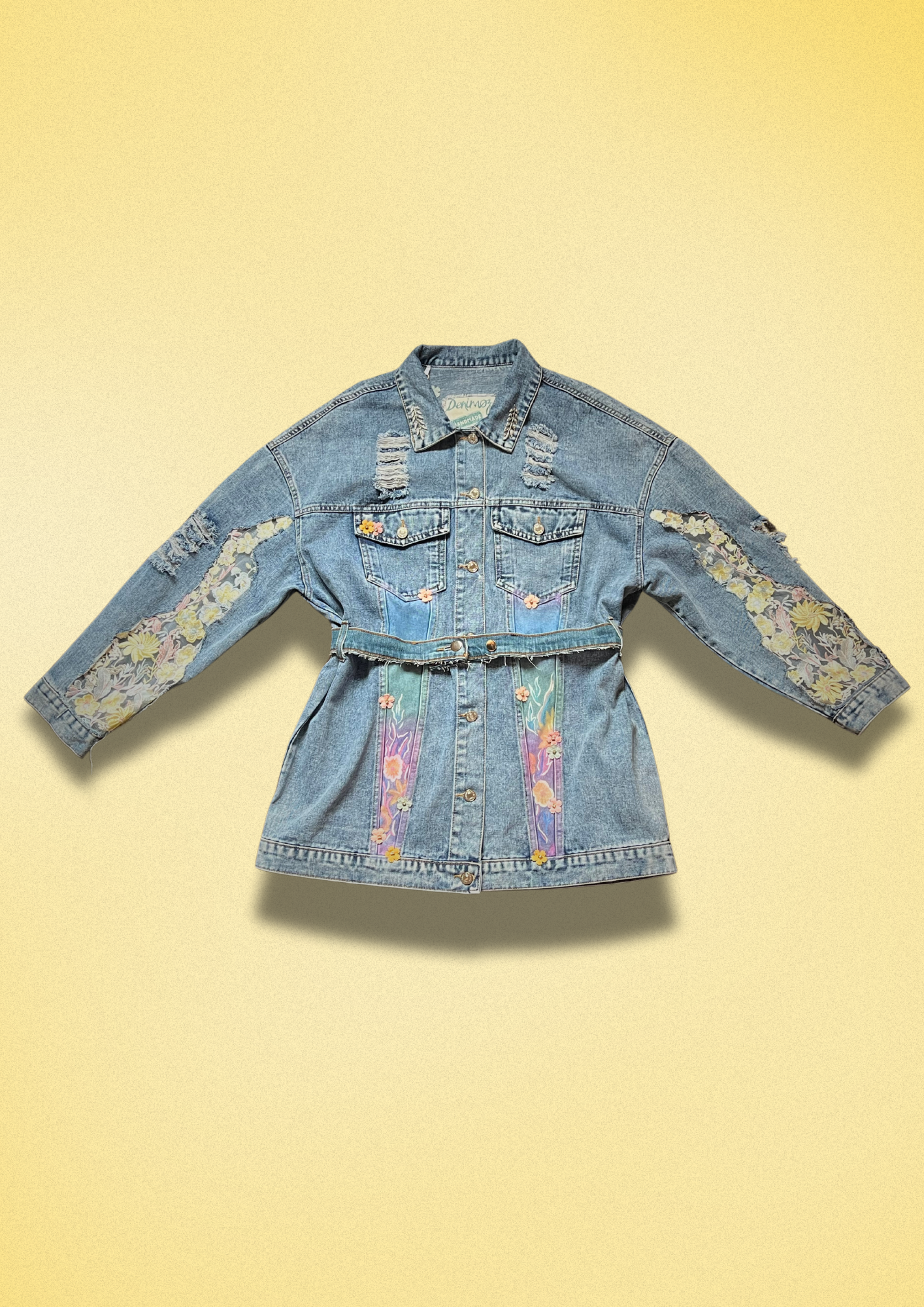 Women's Denim Jacket with Floral Embroidery and Sheer Details.