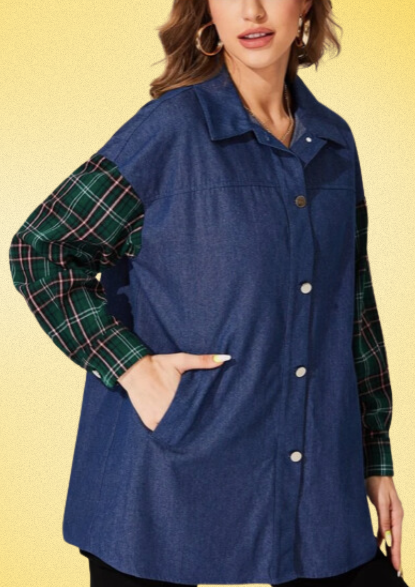 Exclusive Women's Denim Blouse with Tartan Sleeves and Handcrafted Embroidery.