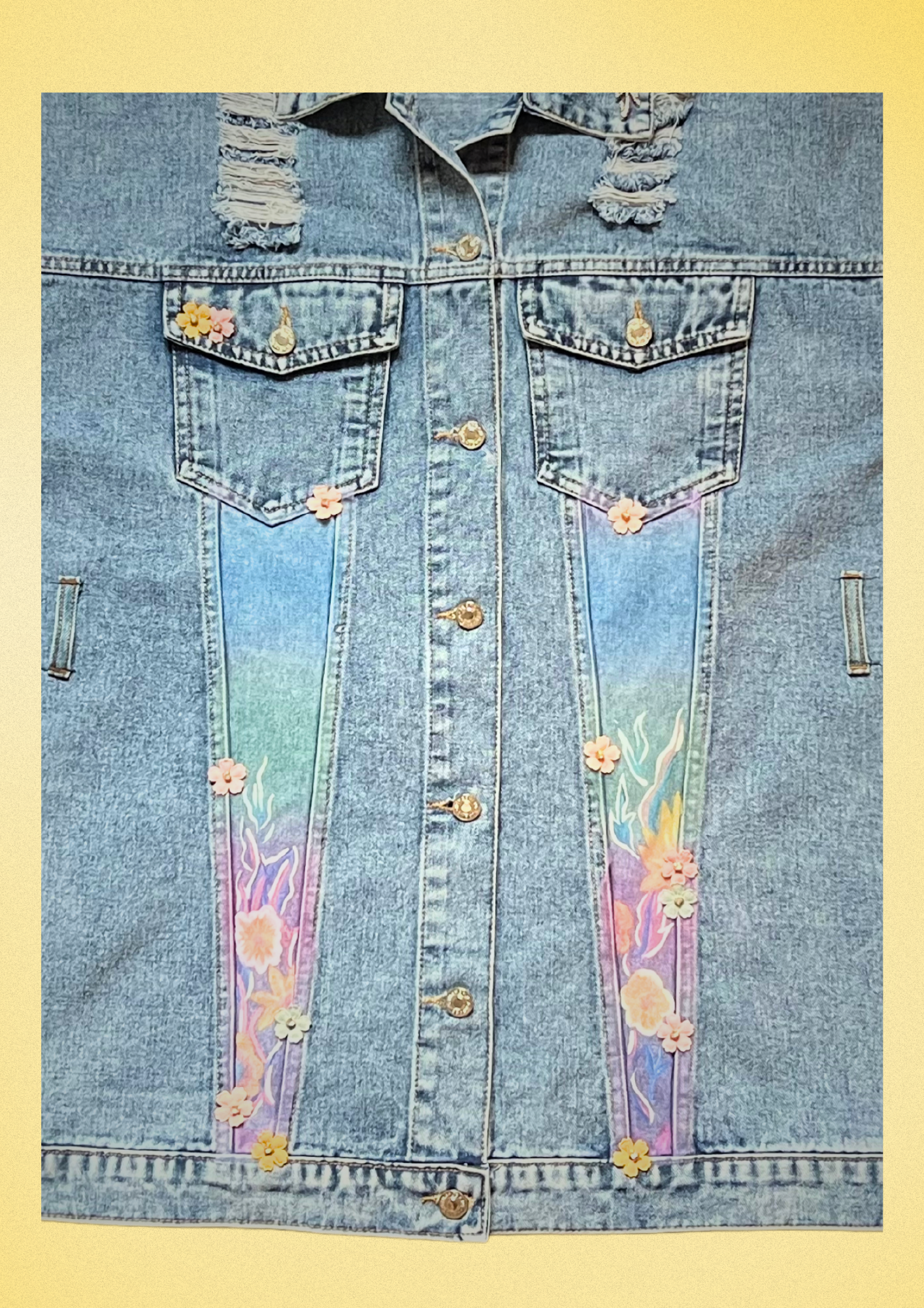 Women's Denim Jacket with Floral Embroidery and Sheer Details.