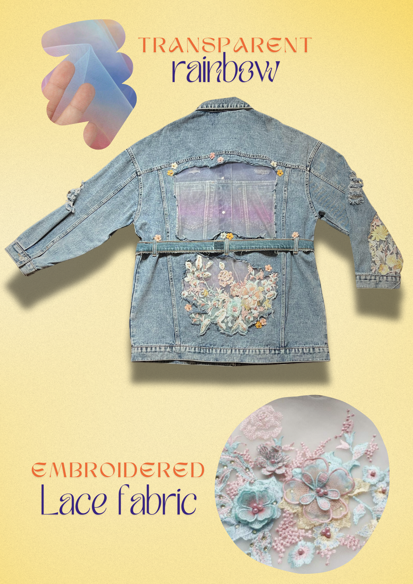 Women's Denim Jacket with Floral Embroidery and Sheer Details.