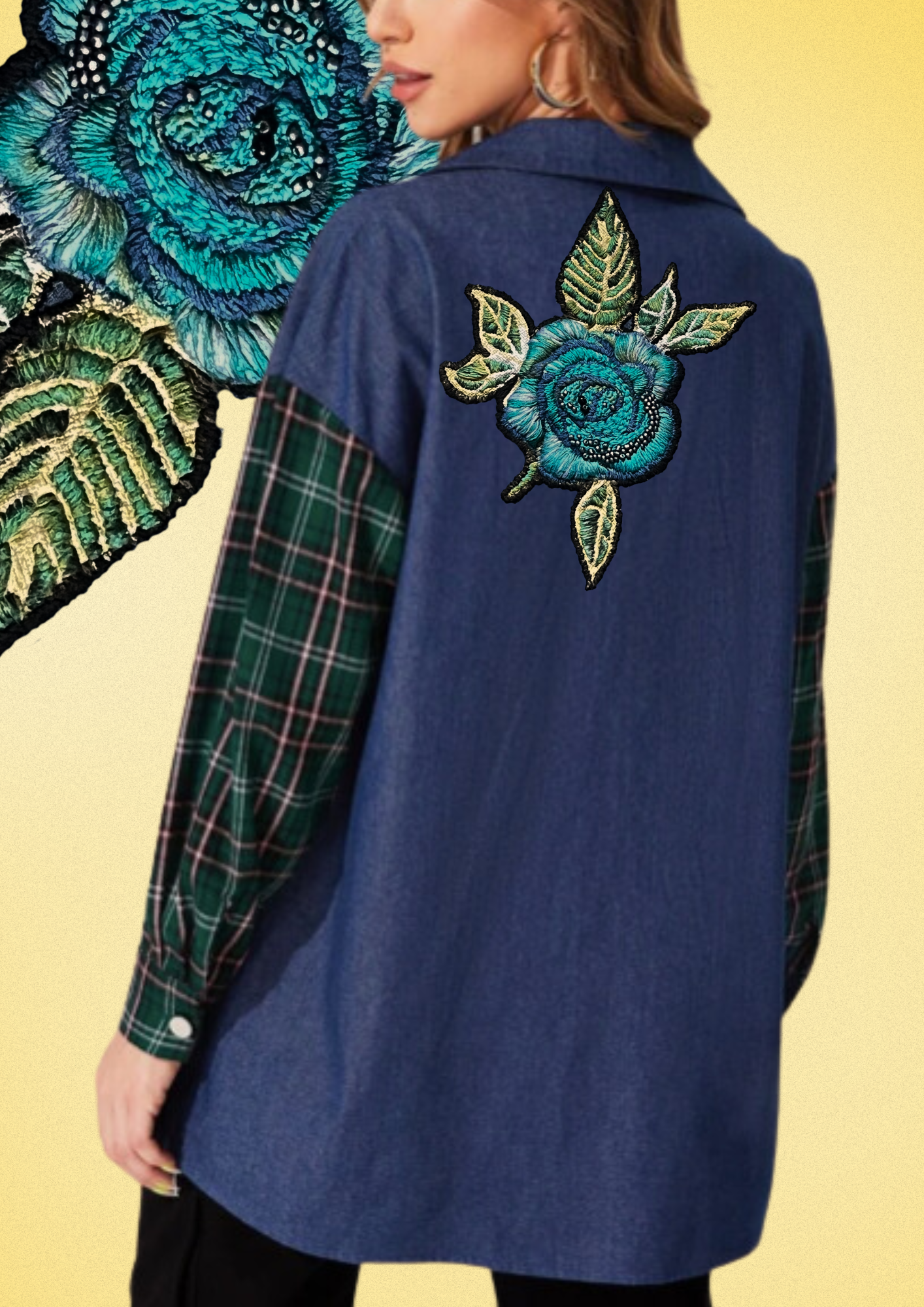 Exclusive Women's Denim Blouse with Tartan Sleeves and Handcrafted Embroidery.