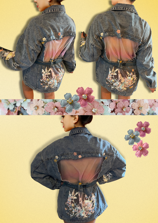 Women's Denim Jacket with Floral Embroidery and Sheer Details.