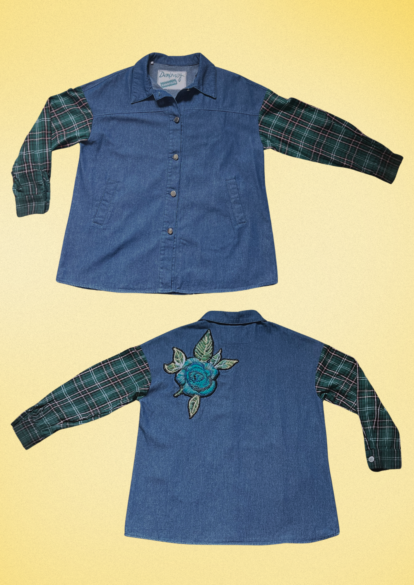 Exclusive Women's Denim Blouse with Tartan Sleeves and Handcrafted Embroidery.