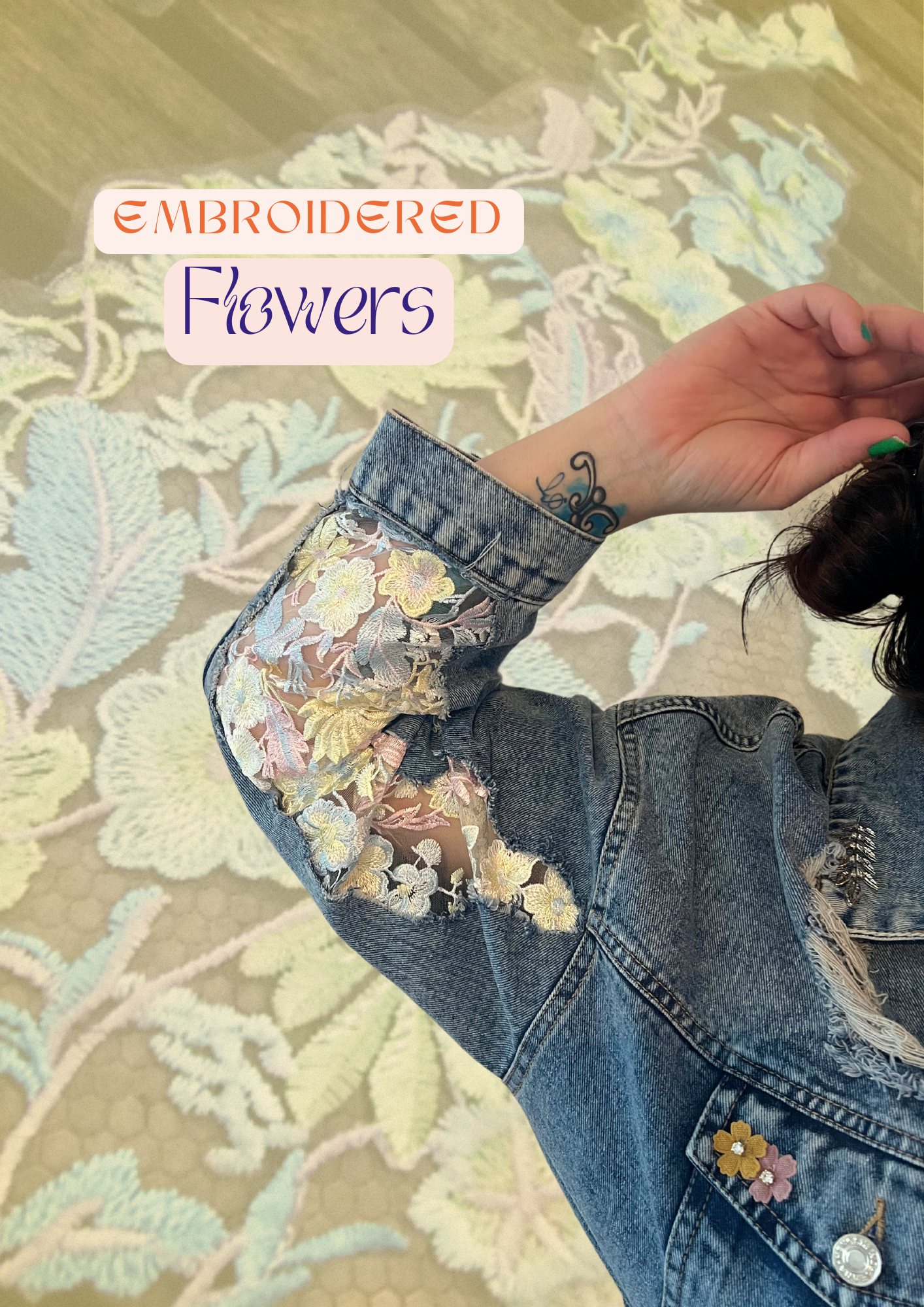 Women's Denim Jacket with Floral Embroidery and Sheer Details.