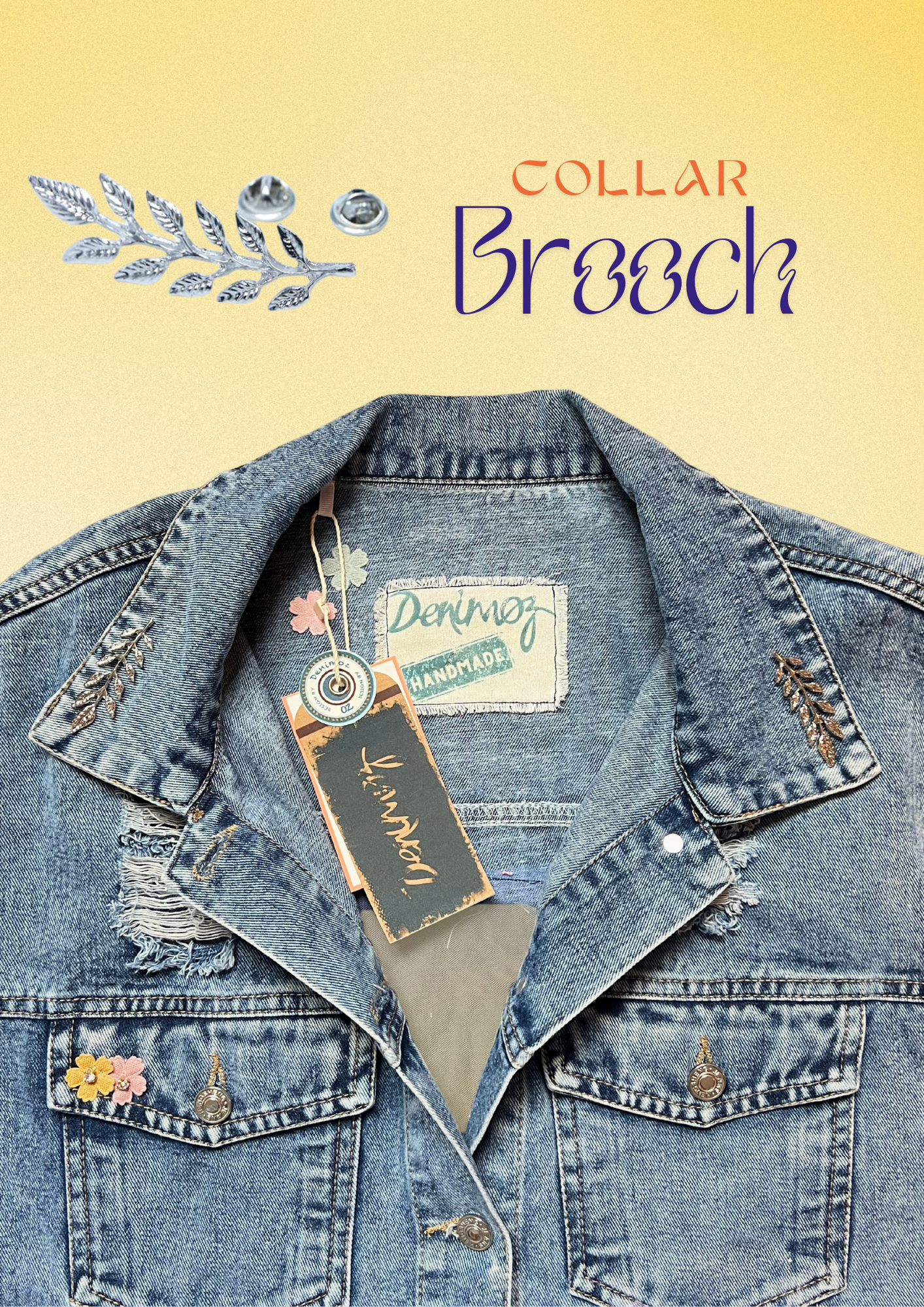 Women's Denim Jacket with Floral Embroidery and Sheer Details.