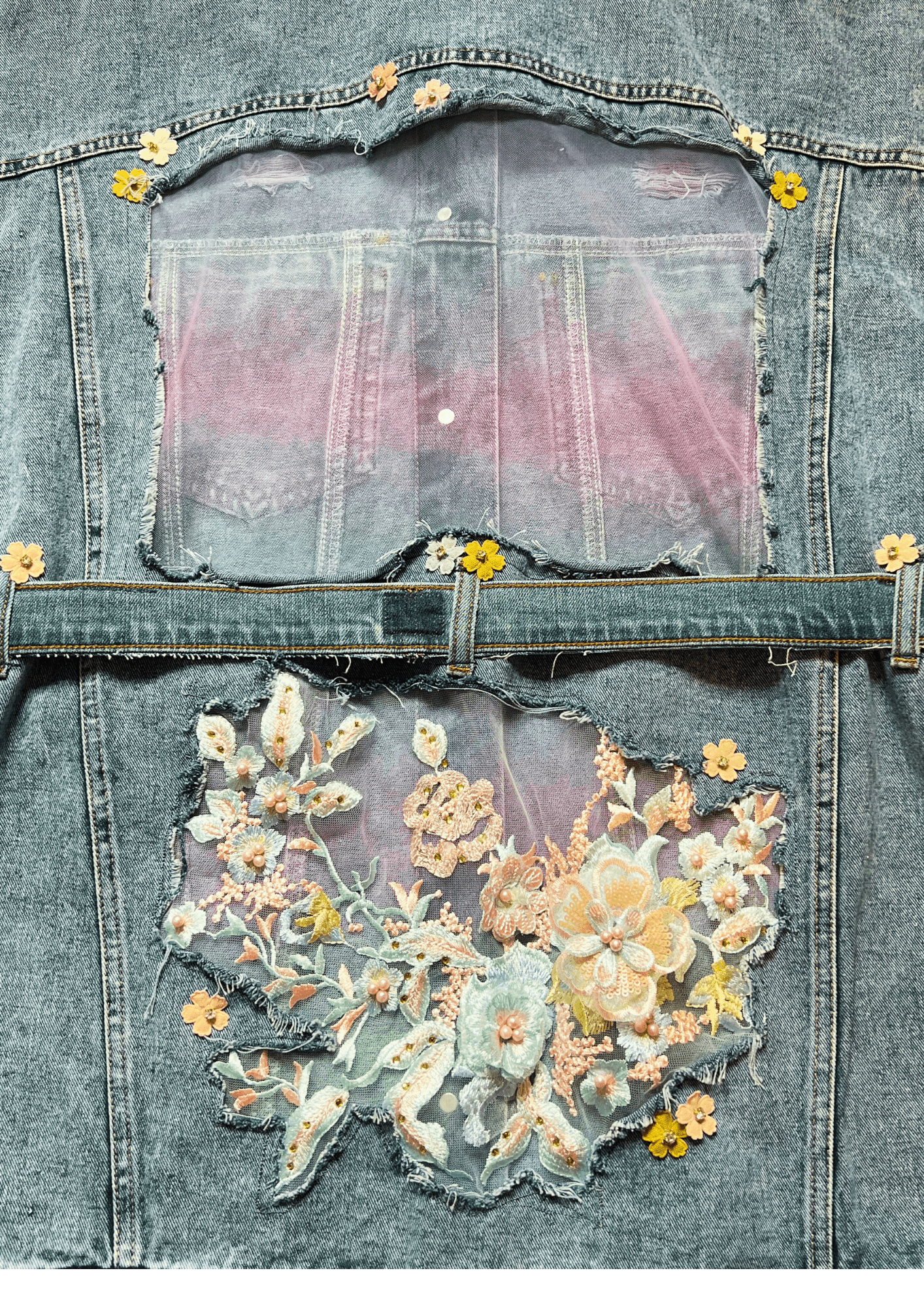 Women’s Denim Jacket with Floral Embroidery and Sheer Details - Denimoz